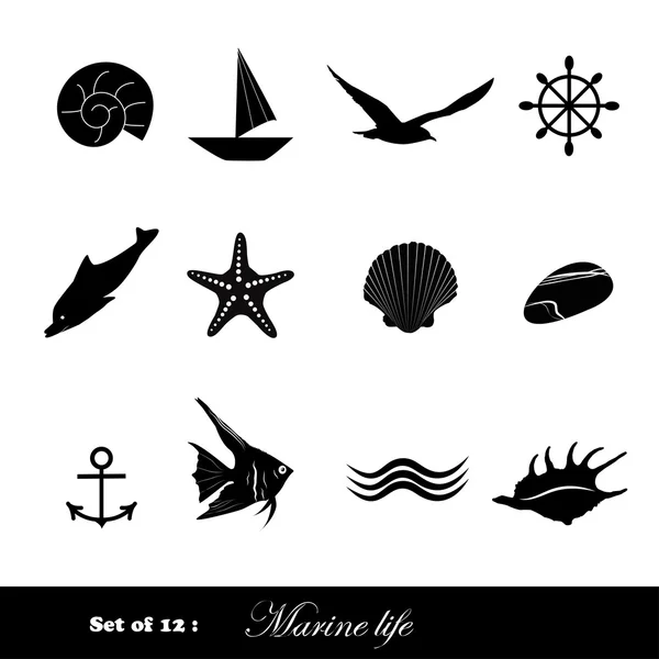 Ensemble d'icônes noires vie marine — Image vectorielle