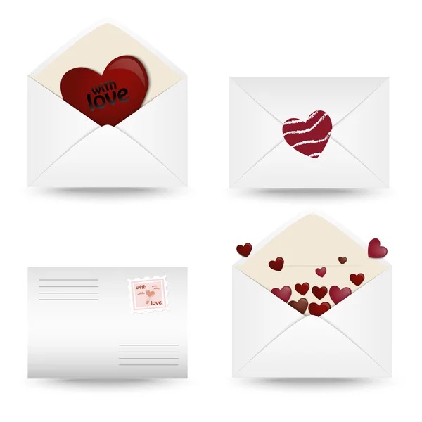 Set of mail icons with hearts on a white background — Stock Vector