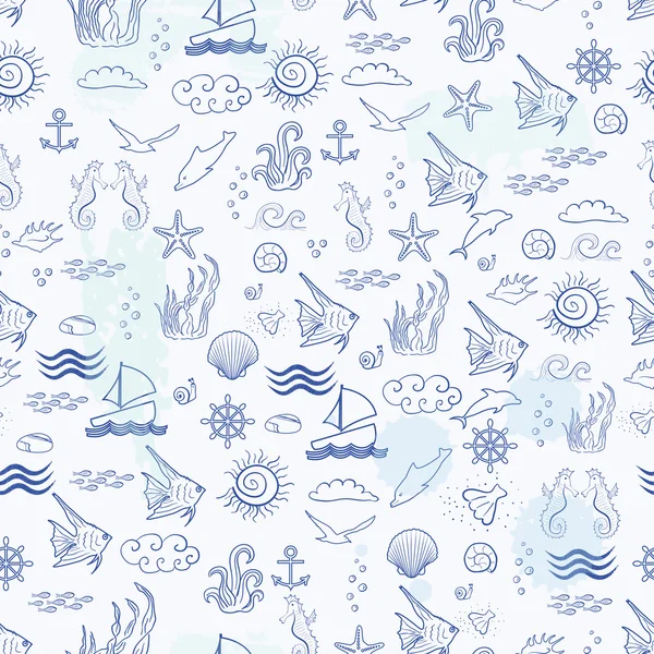 青色の背景に海の住民とのシームレスな海パターン — ストックベクタ