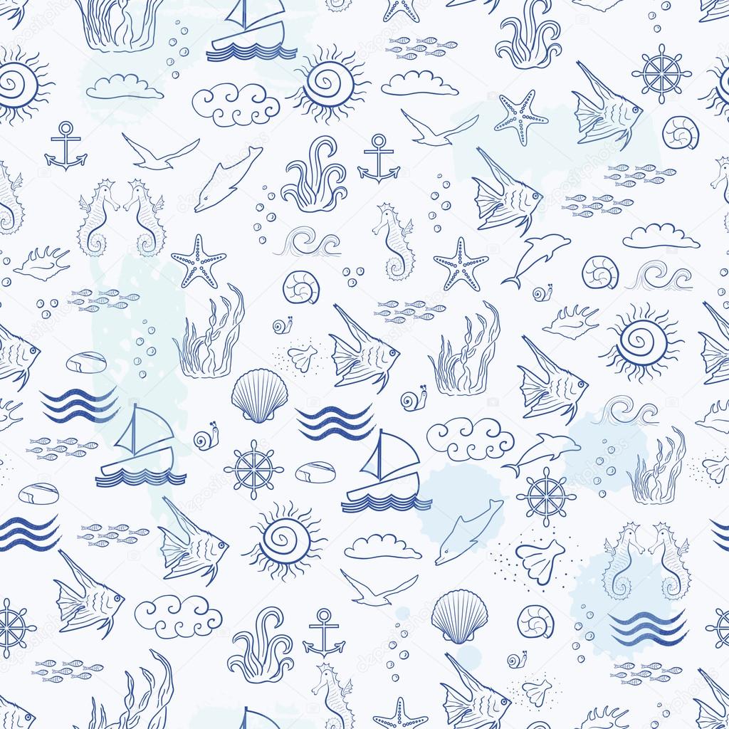 Seamless sea pattern with sea inhabitants on a blue background