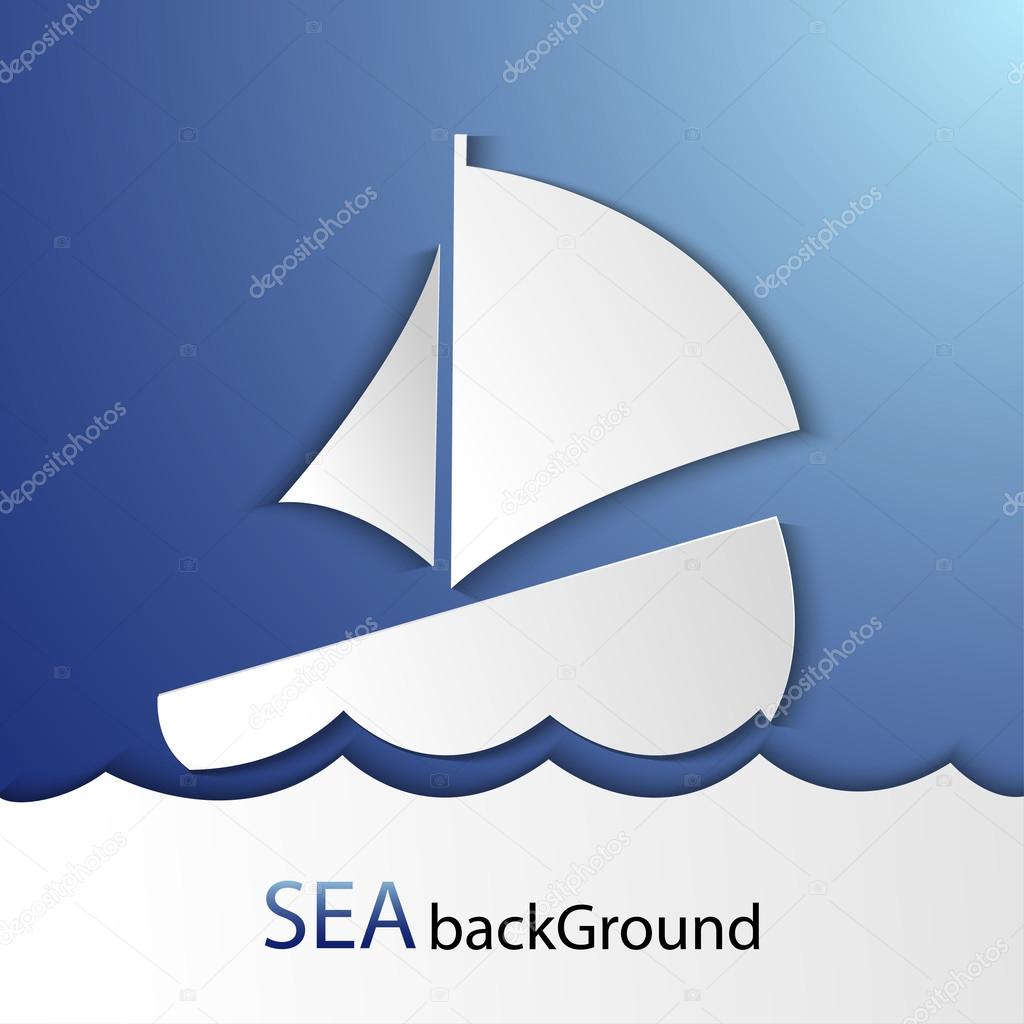 Vector sea background with a paper ship and waves