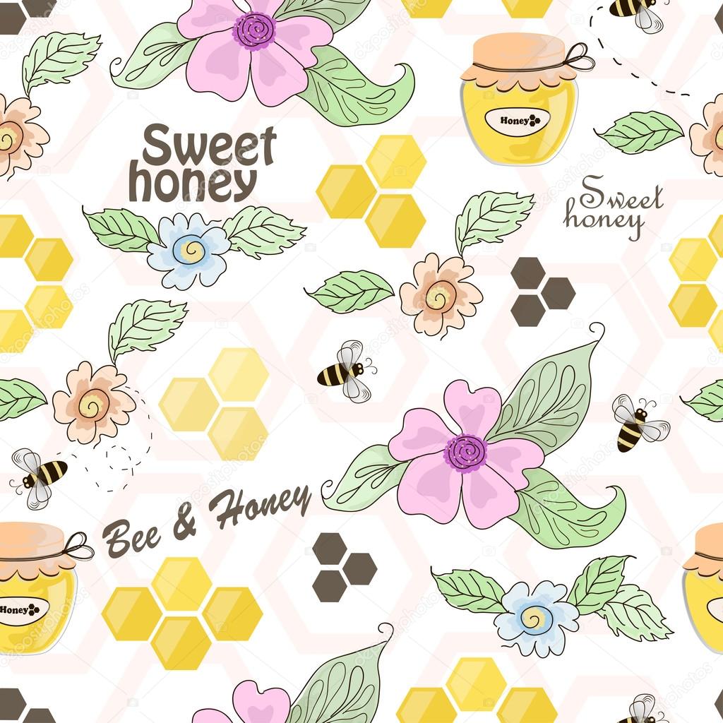 Vector seamless pattern of bees, honeycombs, honey and flowers