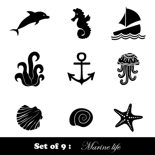 Set of 9 icons Marine life — Stock Vector