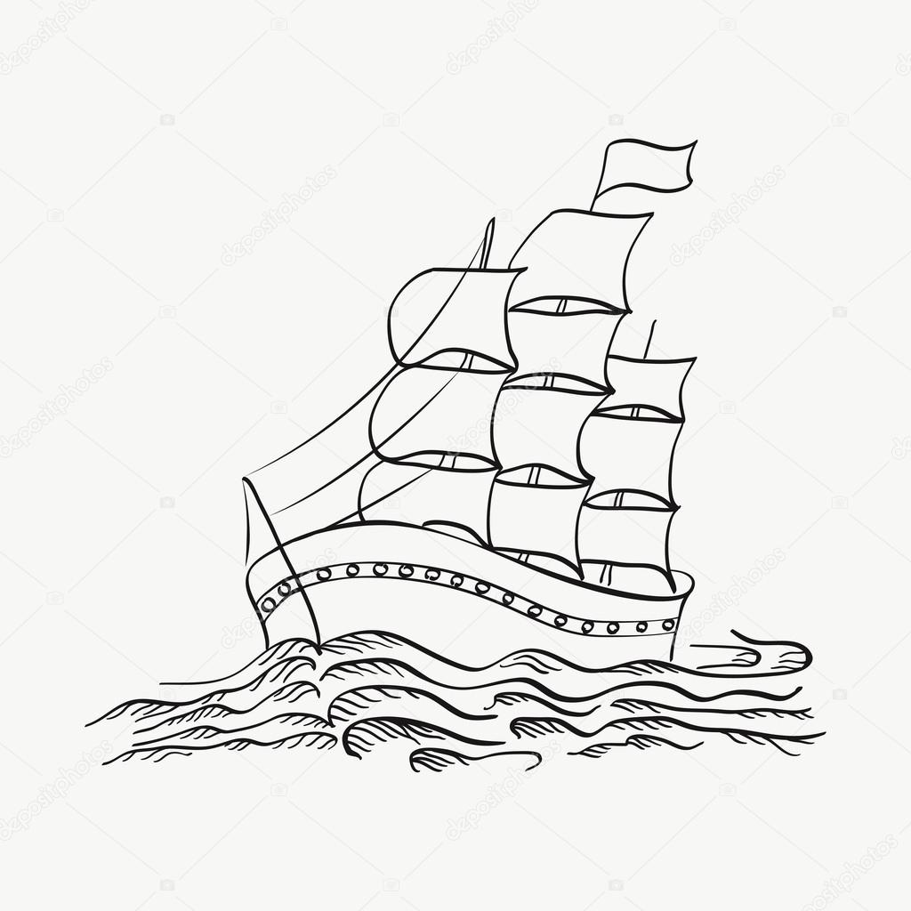 Vector illustration of a ship sailing on the sea on a white background. Hand drawing
