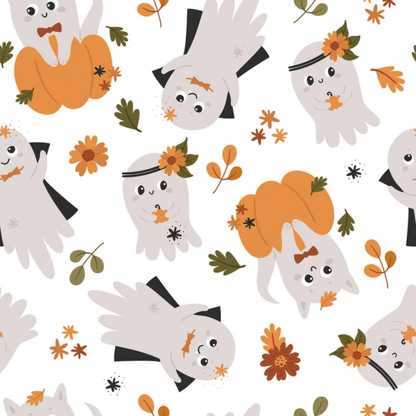 Halloween Naadloos Patroon Met Schattige Geesten Patroon Voor Scrapbooking Behang — Stockvector