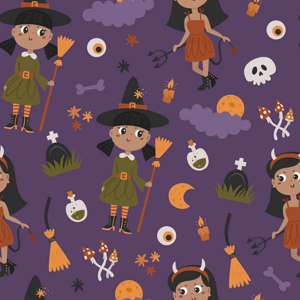 Halloween Naadloos Patroon Met Heksen Patroon Voor Scrapbooking Behang Kinder — Stockvector