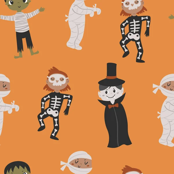 Halloween Naadloos Patroon Met Kinderen Kostuums Patroon Voor Scrapbooking Behang — Stockvector