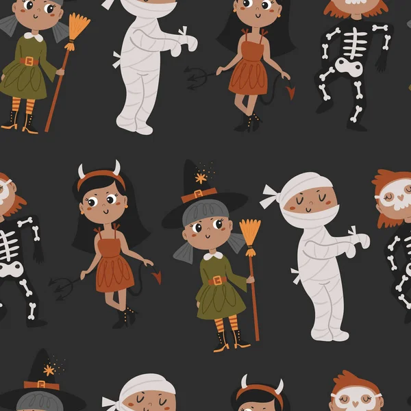 Patrón Sin Costuras Halloween Con Los Niños Trajes Patrón Para — Vector de stock