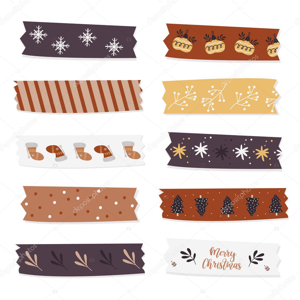Christmas washi tapes collection. Vector isolated illustration for notes, planner and scrapbooking