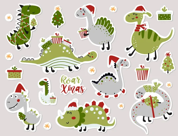 Aufkleberset Mit Niedlichen Dinosauriern Vektor Illustration Für Grußkarten Weihnachtseinladungen Und — Stockvektor