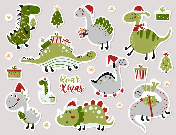 Uppsättning Klistermärken Med Söta Dinosaurier Vektor Illustration För Gratulationskort Julinbjudningar Stockillustration