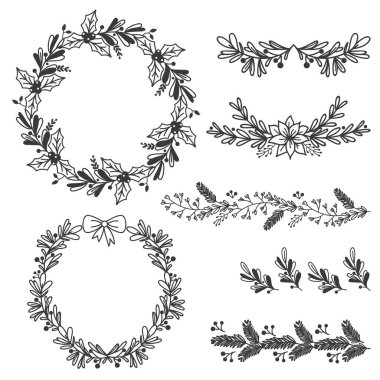 El çizimi Noel çerçeveleri ve sınırları. Tebrik kartları, noel davetiyeleri ve hatıra defteri için vektör illüstrasyonu