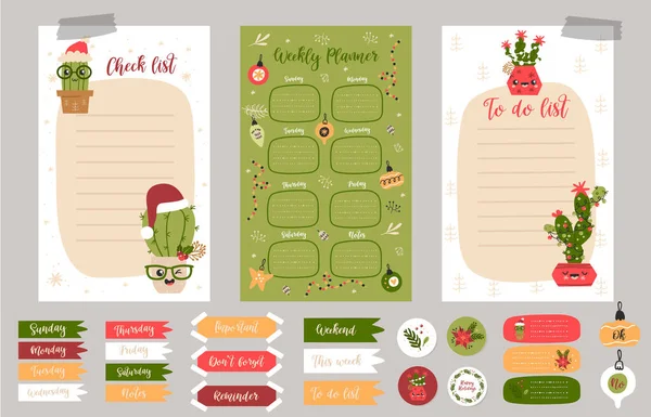 Kerstmis Wekelijkse Planner Pagina Template Doen Lijst Met Schattige Cactussen — Stockvector