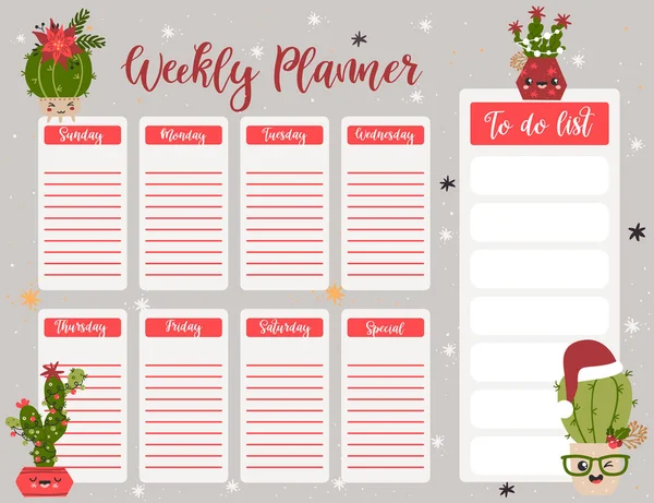 Plantilla Página Planificador Semanal Navidad Para Hacer Una Lista Con — Vector de stock