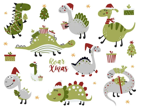 Sada Roztomilých Dinosaurů Vektorové Ilustrace Pro Blahopřání Vánoční Pozvánky Scrapbooking — Stockový vektor