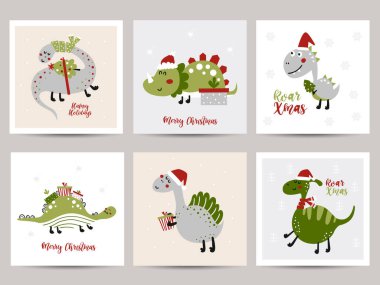 Şirin dinozorların olduğu bir dizi Noel kartı..