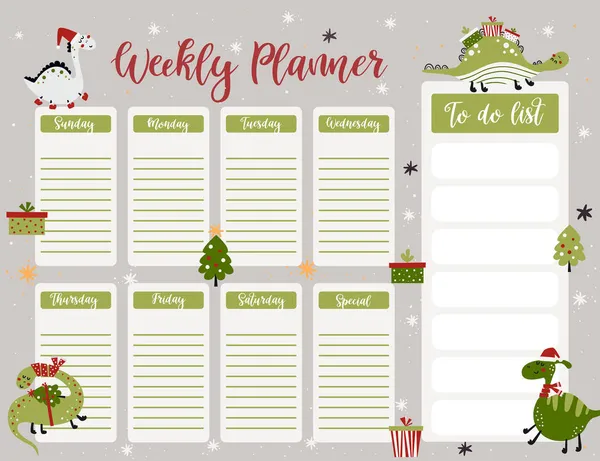 Plantilla de página de planificador semanal de Navidad con dinosaurios lindos en estilo de dibujos animados — Vector de stock