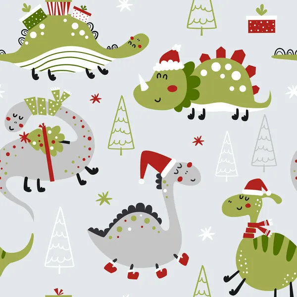 Modèle sans couture avec des dinosaures de Noël Graphismes Vectoriels