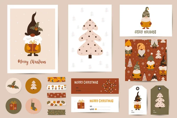圣诞套装 圣诞贺卡 标签与可爱的侏儒 可打印卡片模板 — 图库矢量图片