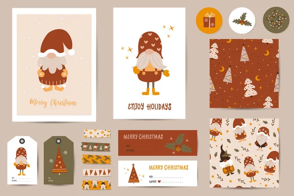 Kerstset Met Kerstkaarten Notities Stickers Etiketten Stempels Tags Met Schattige Stockillustratie