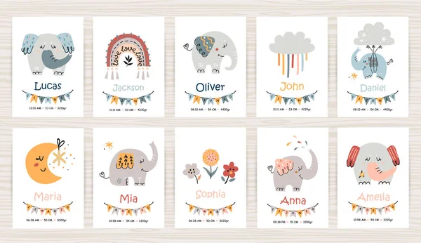 Big set of newborn metric with elephants. Height, weight, date of birth, name. — 图库矢量图片