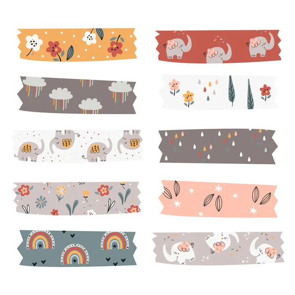 Washi tapes collection with elephants. — Stock vektor
