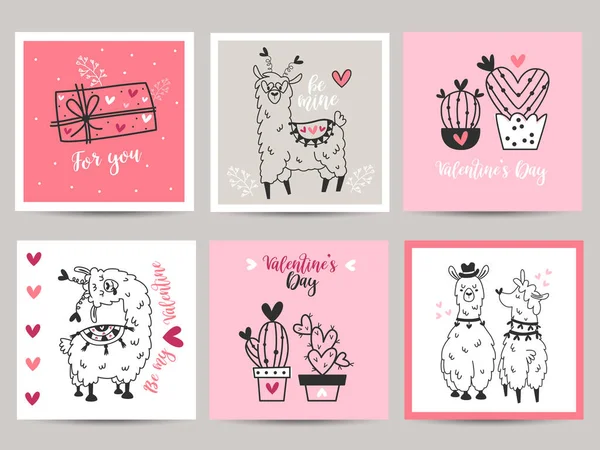 Set of valentines day cards with llama. — Stock Vector