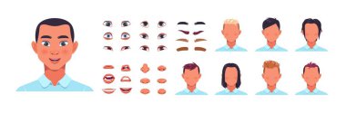 Erkek yüz kiti. Saçlı, burunlu ve dudaklı erkek avatar yapı kiti. Yüz şekilleri ve saç modelleri. Kaşları olan gözler. Vektör karikatür portresi düzenlenebilir ögeler ayarlandı