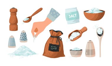 Salt set sketch. Hand drawn salty seasoning in spoons and bowls. Glass bottles and wooden mills with sea crystals. Spice powder piles. Cooking ingredient collection. Vector condiment clipart