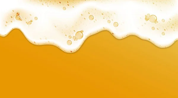 Espuma de cerveja. Moldura 3D realista com espuma de xampu limpa branca e bolhas de sabão. Lâmina de líquido detergente. Bebida espumosa de álcool fronteira em branco. Vetor onda de água no fundo da praia arenosa — Vetor de Stock