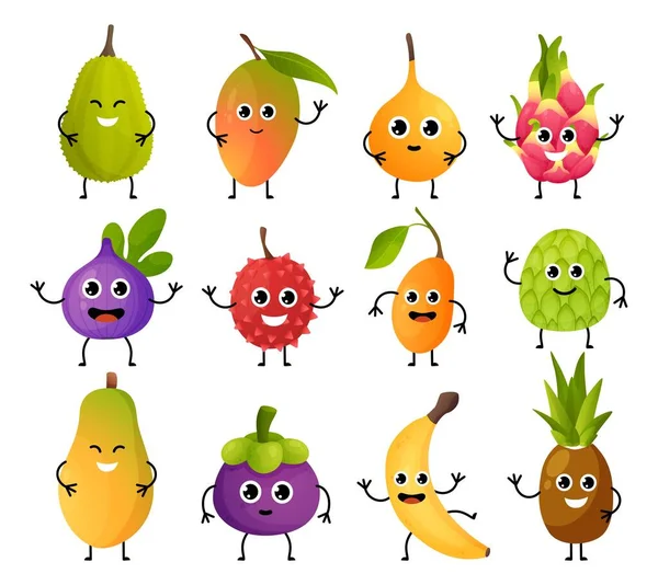 Karakter buah eksotis. Maskot makanan yang lucu. Kartun mangga atau pisang dengan kaki tangan dan wajah emosi yang lucu. Nanas dan pitaya mockup emoticon. Dekorasi menu anak vektor ditata - Stok Vektor