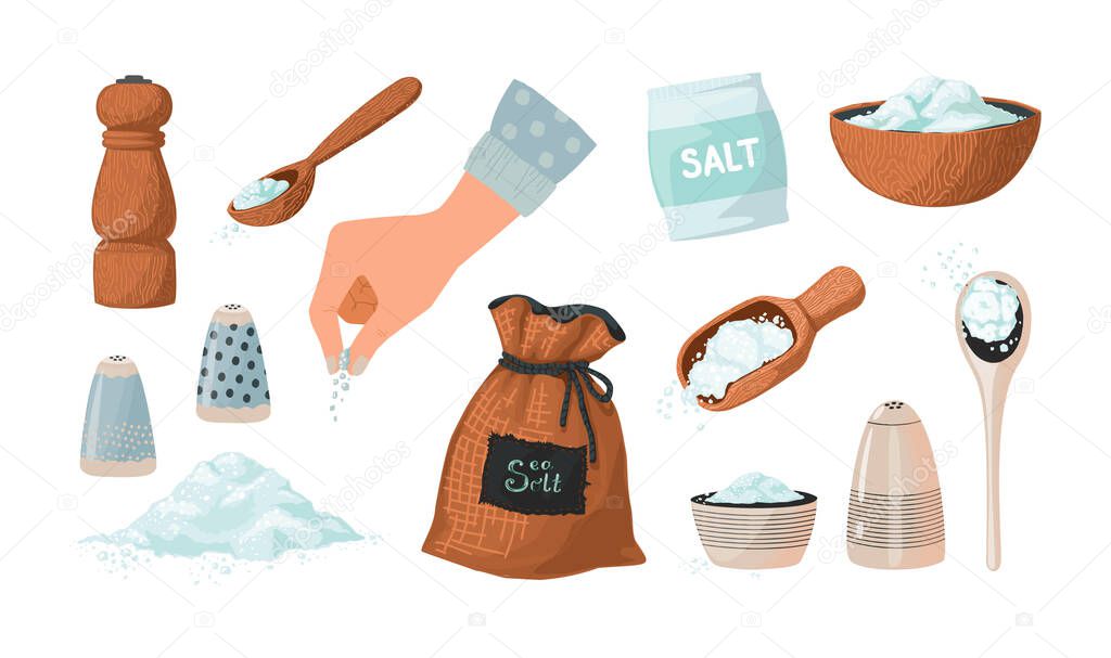 Salt set sketch. Hand drawn salty seasoning in spoons and bowls. Glass bottles and wooden mills with sea crystals. Spice powder piles. Cooking ingredient collection. Vector condiment