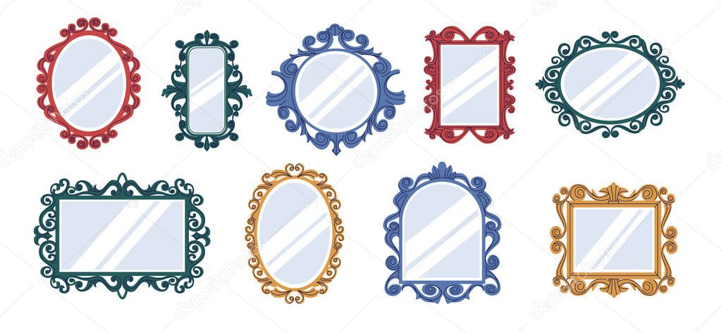 Doodle retro mirrors. Vintage reflective surfaces with decorative curly borders. Elegant hand drawn shapes. Square and round baroque interior decor. Vector contemporary frameworks set