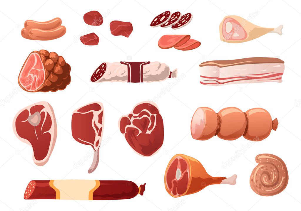 Cartoon meat products. Butchery assortment. Chicken gammon. Pork or beef steaks. Chops for barbecue. Sausage slices. Bacon and salami pieces. Vector cooking grocery ingredients set