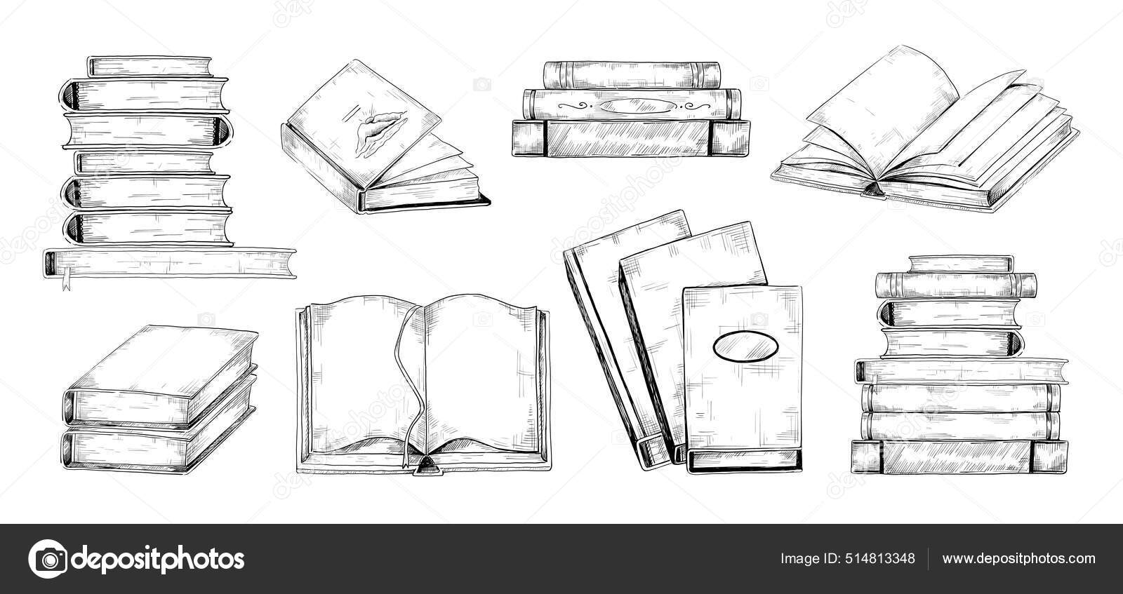 Vector hand draw open book lying on high stack of books isolated