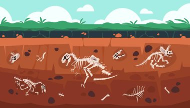 Yeraltı fosili. Dinozor iskeleti ve kafatasıyla Dünya 'nın karikatür katmanları. Nesli tükenmiş sürüngen kemikleri bilim araştırması. Vektör jeolojisi ve paleontoloji kazı çizimi