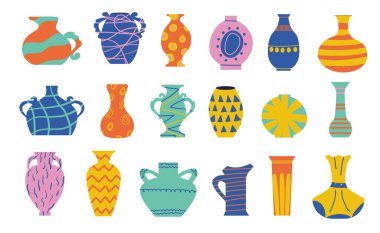 Karalama seramik vazosu. Karikatür antik çömlek. Antika şarap kavanozu ve soyut çağdaş parlak sürahi. İzole amforo koleksiyonu. Geometrik izli toprak eşyalar. Vektör çanak çömlek takımı