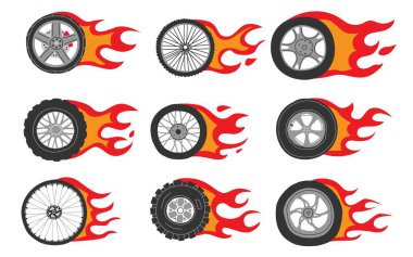 Alev tekerlekleri. Motorsiklet ve dinamik ateşli bisiklet lastikleri. Marka ve logo için izole edilmiş yanan otomobil daireleri. Hızlı sürüş ikonları. Vektör el çizimi şekiller ayarlandı