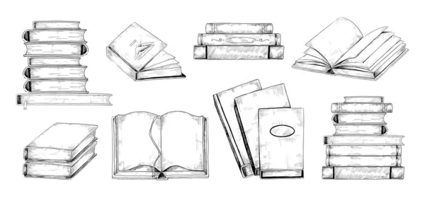 Sketch books. Ink drawing vintage open book and books pile. School