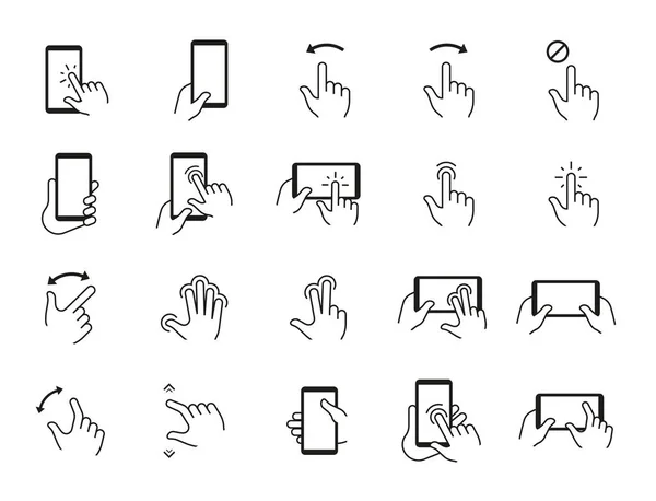 Téléphone gestes icônes. Balayage à la main et toucher l'écran du smartphone. Appuyez et cliquez sur Affichage mobile. Appareil utilisant des signes. Pictogrammes électroniques d'interface de gadget. Jeu de points vectoriels — Image vectorielle