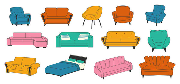 Trendy furniture. Doodle comfort couch. House armchair and modern luxury sofa. Comfortable bed with pillows. Home furnishing or decoration for living room. Vector interior elements set