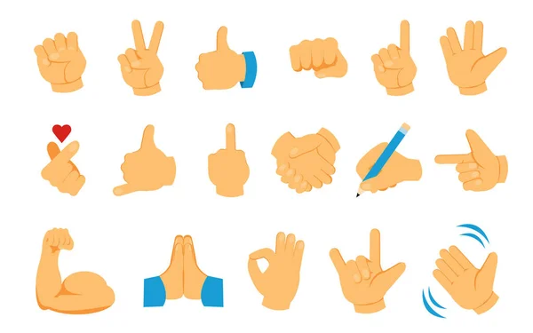 Mano emoji. Palm puño y dedos colección emoticones sociales. Pulgar hacia arriba y saludar saludando brazo. Gestos de victoria y apretón de manos. Partes aisladas del cuerpo. Juego de símbolos de comunicación en línea vectorial — Vector de stock