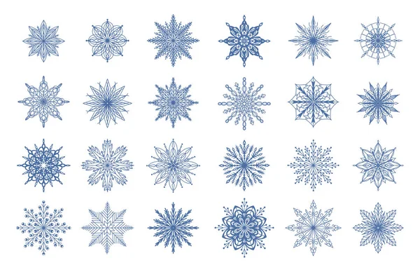 Κινούμενα σχέδια νιφάδες χιονιού. Χειμερινά γεωμετρικά διακοσμητικά σύμβολα παγωμένου νερού. Χριστουγεννιάτικα στολίδια χιονιού. Απομονωμένη συλλογή μπλε νιφάδων. Εικονογράμματα χιονοπτώσεων. Διανυσματικοί κρύσταλλοι πάγου — Διανυσματικό Αρχείο