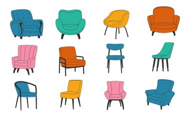 Sandalye koleksiyonu. Rahatlamak için çok rahat bir koltuk. Ev dekorasyonu. İç mobilya elementi. Parlak döşemeleri ve kollukları olan rahat bir koltuk. Vektör el çizilmiş mobilya takımı