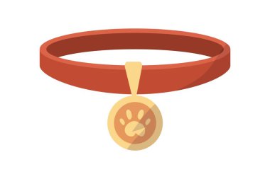 Kediler ve köpekler için madalyalı tasma. Çizgi film hayvanları kırmızı kolye ve altın etiket. İzole kedi yavruları ya da yavru köpek aksesuarları. Üzerinde hayvan ayak izi olan metal rozet. Vektör köpek kemeri şablonu