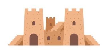 Çizgi film kumdan kale. Plaj eğlencesi. Kuleleri ve merdivenleri olan kum takviyesi. Yaz tatili aktivitesi. Deniz kıyısında çocuk oyunu. Çocukça bir kale. Vektör kumdan kale