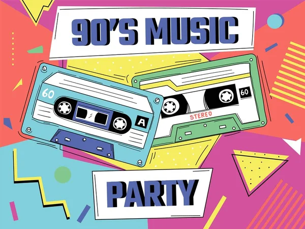 Retro hudební pozadí. Grafický banner 90. let s retro audiokazetou. Pop disco párty plakát. Hudební zábava 80. let. Mixpásky a jasné geometrické tvary. Vektorové trendy tapety — Stockový vektor