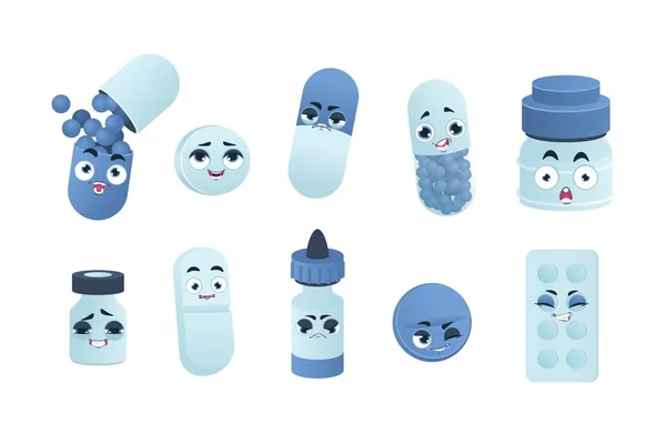 Pillen karakters. Cartoon medicijn drugs en grappige vitamines mascottes. Leuke medische helden. Emoticon stickers voor kinderen capsules met vrolijke of verdrietige gezichtsuitdrukkingen. Vectorgeneesmiddelen ingesteld — Stockvector