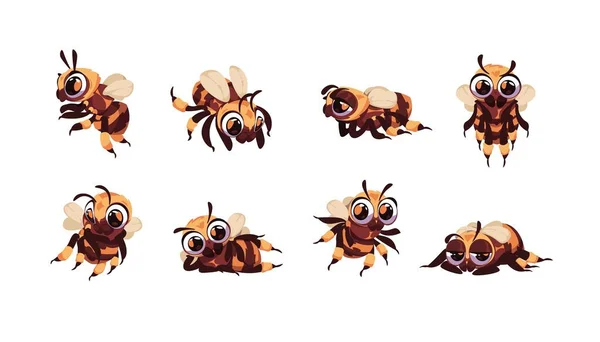 Abelha dos desenhos animados. Bumblebee personagem mascote sorridente em pé e deitado. Insetos voadores engraçados. Feliz vespão e inseto vespa. Bonito animal listrado com asas. vetor alegre bumble conjunto —  Vetores de Stock
