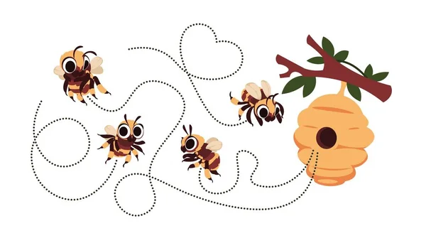 Traço de abelha. Cartoon voando rota traço abelha. Buzzing bumblebee e desenho engraçado vespa. Feliz verão insetos com colmeia na árvore. Vetor selvagem bumble mascotes e faixas de voo pontilhadas conjunto — Vetor de Stock